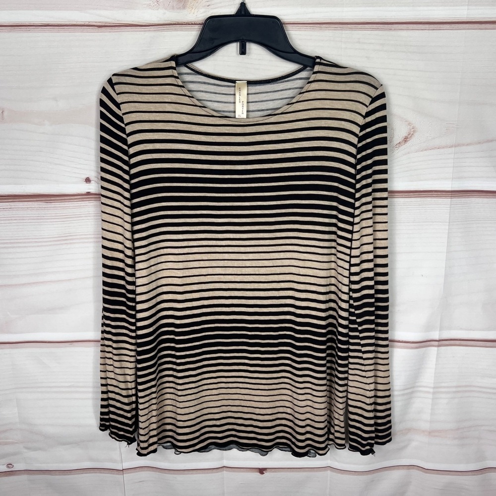 Charles Porter Top Womens M Brown Stripe T-Shirt Round Neck Knit Long Sleeve